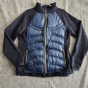 London Fog Down Puffer Knit Jacket Coat Women's XL Navy Blue Full Gold Zippers